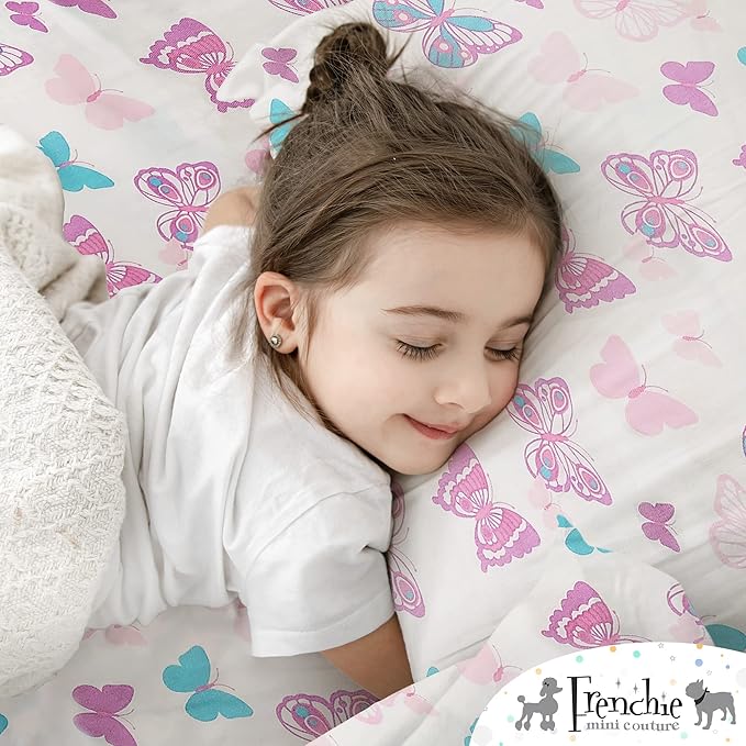 Frenchie Mini Couture, 2-Piece Kids Twin Sheets Set, 100% Woven Cotton, Deep Pocket Bed Sheet 39 x 75 x 15in + Pillowcase 20 x 30, Butterfly (White)