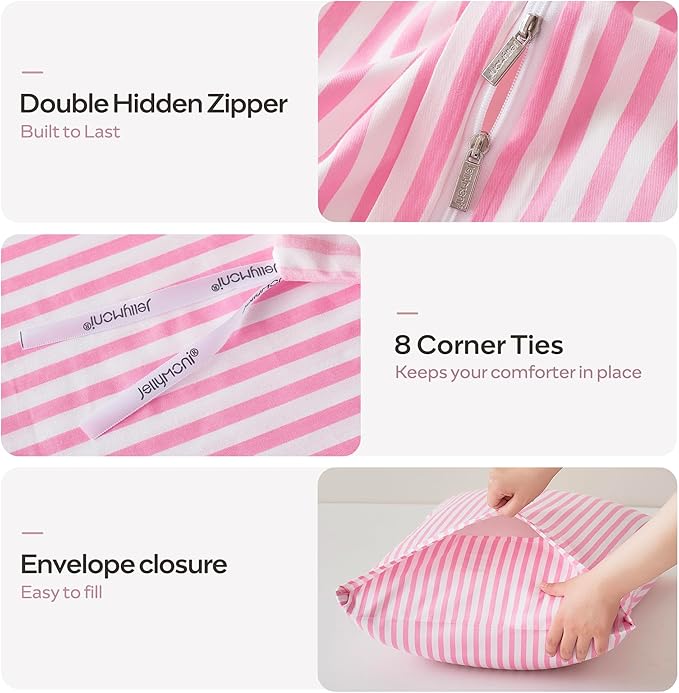 JELLYMONI King Duvet Cover Set, Cotton Duvet Cover 2 Pieces with Zipper Closure, 1 Duvet Cover and 2 Pillowcases(Pink with White Striped)