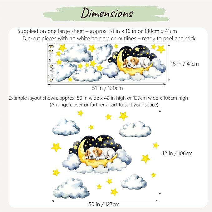 Boho Nursery Wall Decals - Dreamy Watercolor Puppy Sleeping on Cloud | Multi-Piece Set with Clouds, Moon & Stars | Removable Fabric Wall Art for Kids Room