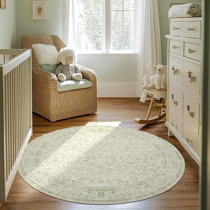 Kitchen Living Room Bedroom Dining Room 5' Round Vintage Rug Indoor Floor Cover Floral Print Sage Green Circle Rug 5' Round