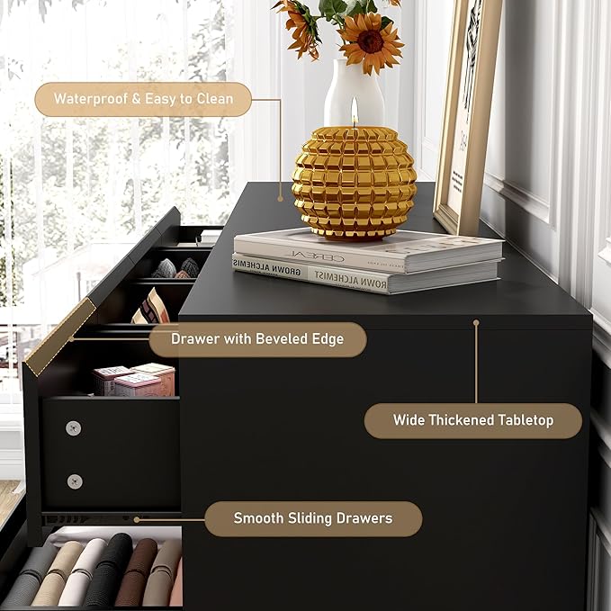 Black Malm Dresser for Bedroom, 55" Wide 37" Tall Dresser with 10 Drawers, Modern Large Wood Chest of Drawer Handle Free, Living Room, Entryway, Hallway, Black