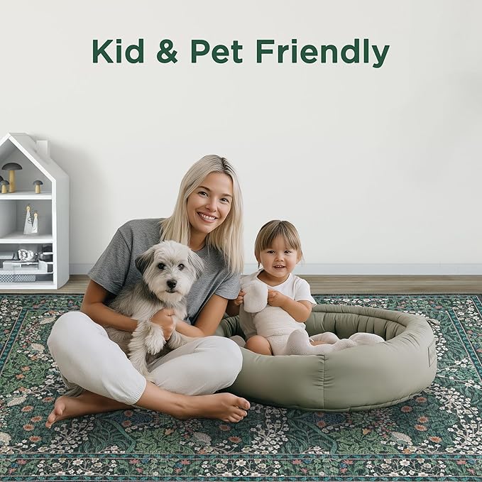 8x10 Washable Dark Green Floral Area Rug for Living Room, Non-Slip Soft Floral Print Vintage Boho Carpet, Forest Green Low Pile Rugs for Bedroom, Dining Room, Indoor Decor