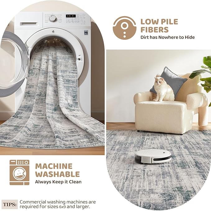 Area Rug for Living Room: 9x12 Washable Neutral Abstract Modern Soft Rugs Non Slip Indoor Floor Stain Resistant Large Carpet for Bedroom Dining Room Office Nursery - Gray