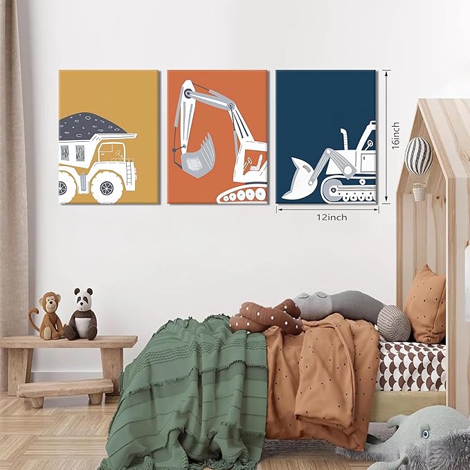 AKWISH Framed Nursery Construction Truck Wall Art Set of 3 – Cute Excavator Tractor Dump Truck Canvas Prints, Boys Bedroom and Baby Room Wall Decor, Playroom Vehicle Artwork – 12x16in