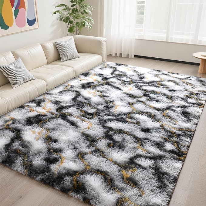 DweIke Fluffy Black White Gold Rugs for Bedroom Living Room, 5x8 Large Soft Plush Shaggy Tie-Dyed Girls Boys Kids Rug, Upgraded Non-Slip and Machine Washable Carpet for Dorm Nursery Classroom Decor