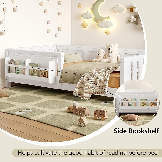 Bellemave Twin Floor Bed with Slats and Safety Guardrail, Twin Size Montessori Floor Bed with Fence and Built-in Bookshelf, Easy Assemble Montessori Beds for Kids, Girls, Boys, White