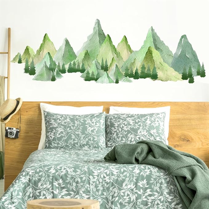 Watercolor Mountain Wall Decal Large Mountains Tree Wall Stickers Peel and Stick Green Pine Tree Decals Nature Art Big Mountain Stickers Forest Decal for Bedroom Living Room Decor