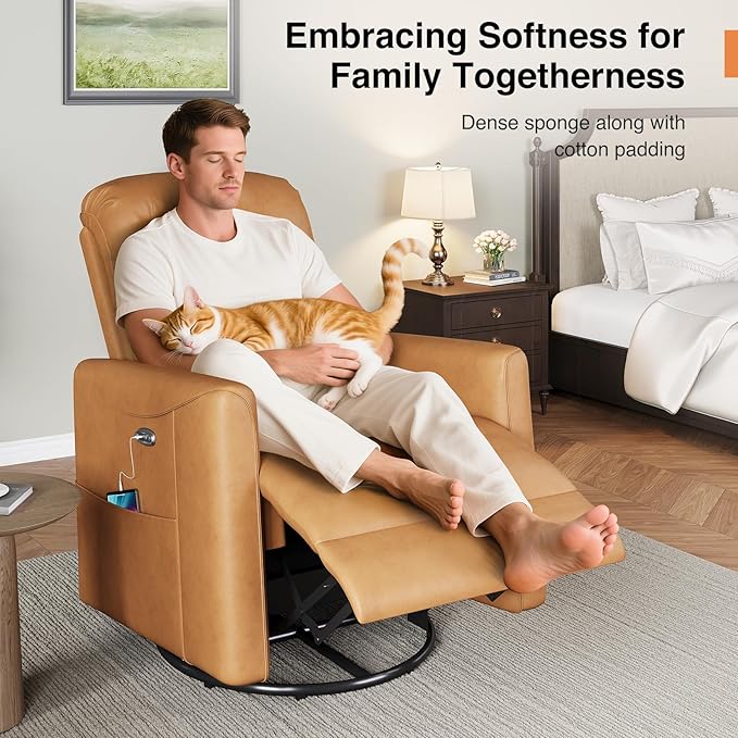 Power Swivel Rocker Recliner, 360° Swivel Nursery Rocking Chair, PU Leather Glider Rocking Recliner, Infinite Position Electric Chair for Adults with USB Port for Living Room, Amber Yellow