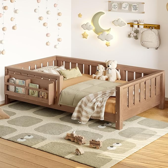 Bellemave Twin Floor Bed with Slats and Safety Guardrail, Twin Size Montessori Floor Bed with Fence and Built-in Bookshelf, Easy Assemble Montessori Beds for Kids, Girls, Boys, Natural