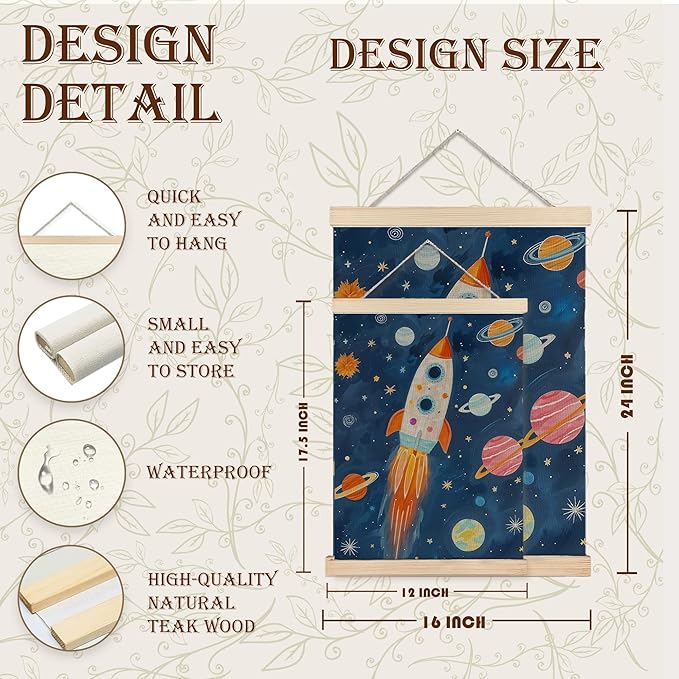 URLLUAE Rocket Space Wall Art Posters for Kids Room, Outer Space Planet Motivational Poster Hanger Frame for Boys Bedroom Classroom Nursery Playroom Wall Decor, 12x16 Inch Set of 2