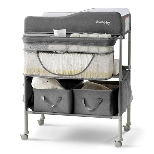 Sweeby Portable Baby Changing Table, Foldable Changing Table Dresser Changing Station for Infant, Waterproof Diaper Changing Table Pad Topper, Mobile Nursery Organizer for Newborn Essentials,Darkgrey