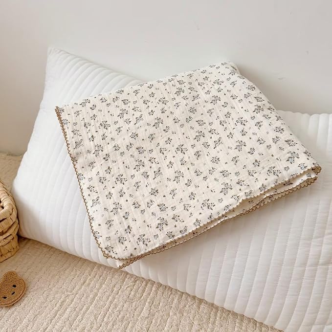 BuLuTu Vintage Blue Floral Muslin Toddler Blanket, 100% Cotton Large Baby Quilt 47x51 Inch, Chic Shabby Plumbago Flower Pattern Swaddling Blankets for Girls Boys, Nursery Decor