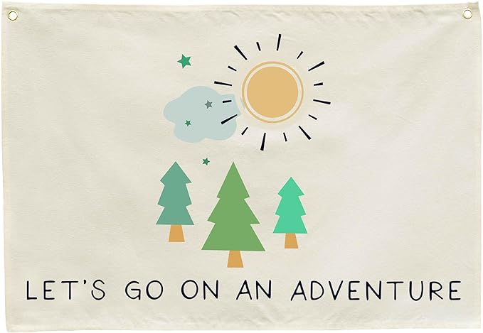 Nursery Canvas Rectangular Banner Flag Poster Wall Decor-Hanging Wall Decoration for Nursery Bedroom Playroom,Birthday Christmas Gift for Baby Kids Girl Boy Teen,Let’s Go On an Adventure 28.5"L×20"W