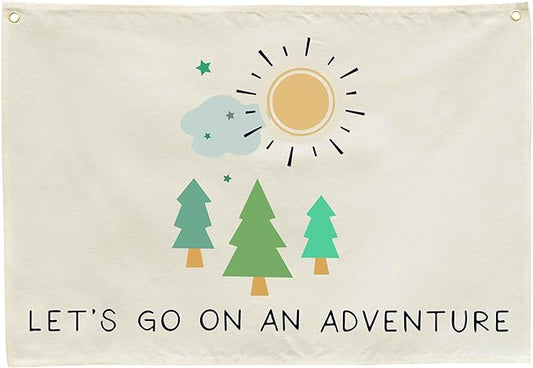 Nursery Canvas Rectangular Banner Flag Poster Wall Decor-Hanging Wall Decoration for Nursery Bedroom Playroom,Birthday Christmas Gift for Baby Kids Girl Boy Teen,Let’s Go On an Adventure 28.5"L×20"W