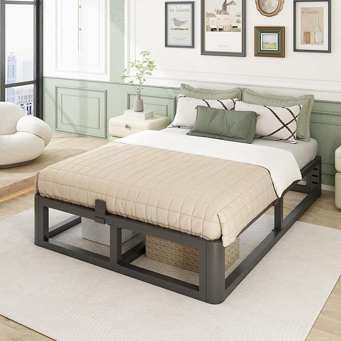 Metal Heavy Duty 12 inch California King Bed Frame with Rounded Corner and Headboard Hole Mattress Retainers 3500 LBS No Box Spring Needed Platform Noise Free Easy Assembly