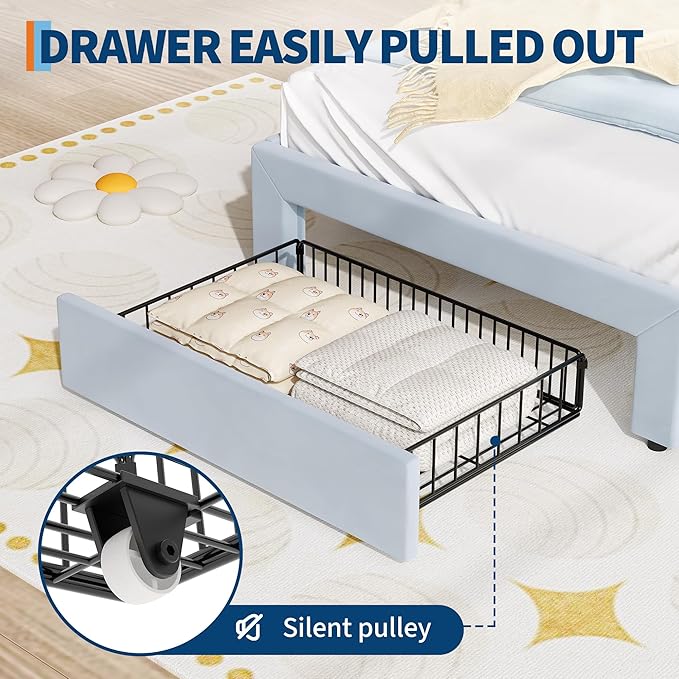 Twin Size Princess Bed Frame with LED Lights & Storage Drawer - Blue Velvet Upholstered Cat Headboard Platform Bed for Kid- Sturdy Wood Slats, No Box Spring Needed, App & Remote Control, Blue & White