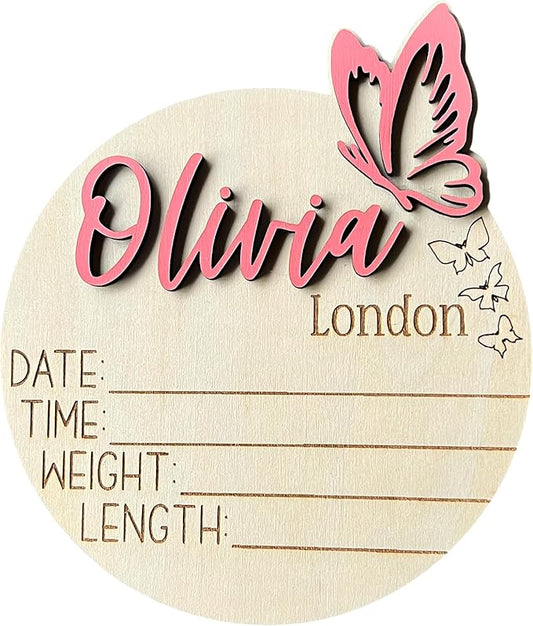 Personalized 3D Butterfly Birth Announcement Sign, Wooden Name sign, Hospital Photo prop Baby Name Reveal (Butterfly Right (3 engraved))