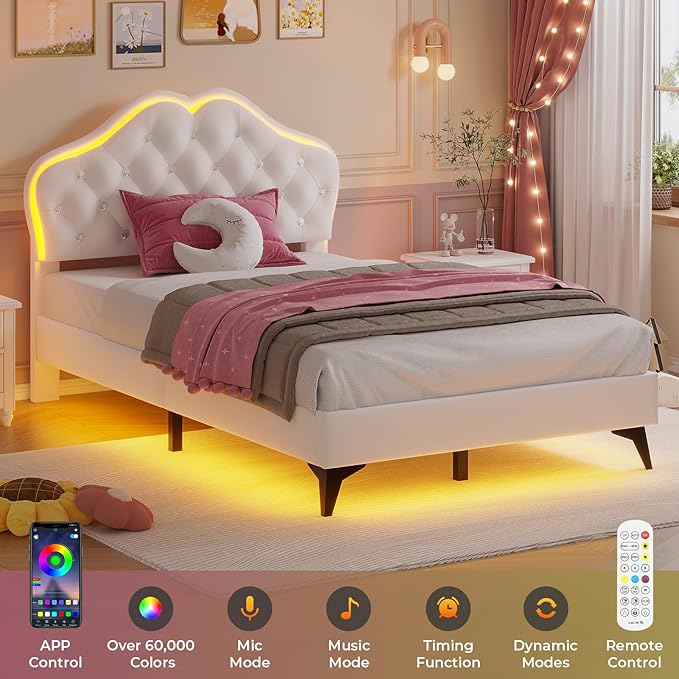 ADORNEVE Twin Bed Frame with RGB LED Lights, Princess Bed Frame with Adjustable Crystal Button Headboard, Velvet Upholstered Platform Bed for Girls, Solid Wooden Slats, Easy Assembly, Creamy White