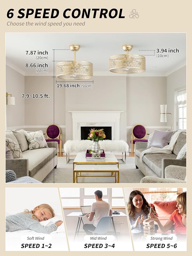 20" Boho Ceiling Fans with Lights, Gold Fandelier Ceiling Fan with Light Remote Control with Caged 6 Speeds for Bedroom, Nursery, Living Room