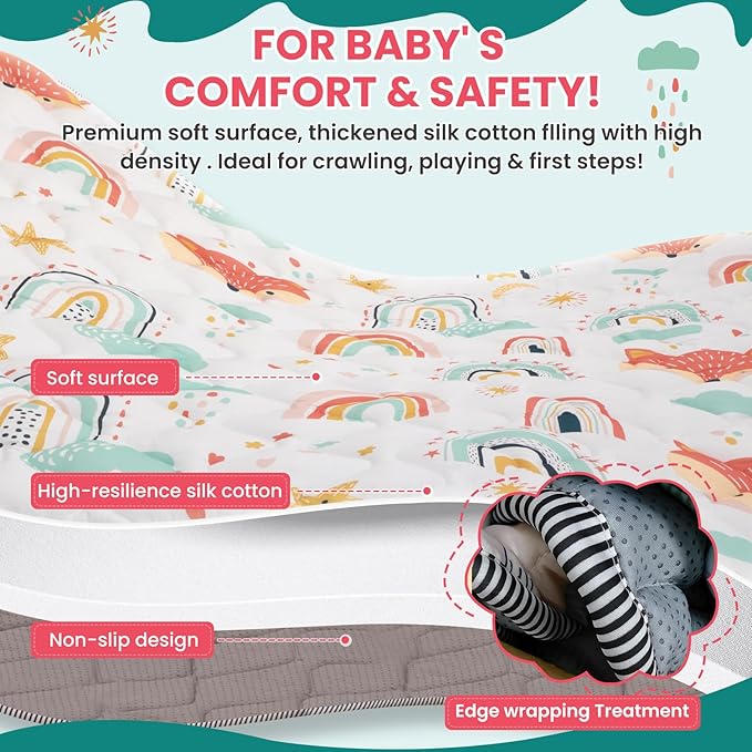 Baby Play Mat for Floor,71x59 Inch Soft Padding Crawling Mat for Playpen, Foldable and Machine Washable, Thick for Babies & Toddlers,Rainbow Fox