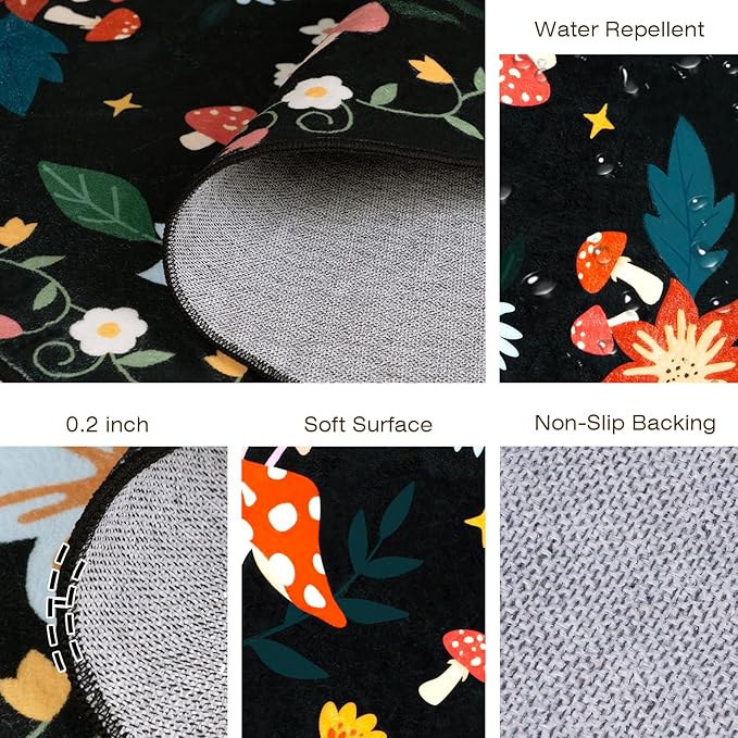 2x6 Machine Washable Kitchen Runner Rug, Non-Slip Vintage Floral Hallway Rug, Low Pile Carpet Runners for Laundry Room, Entryway, Bedroom & Kitchen(2x6 Black Mushroom)
