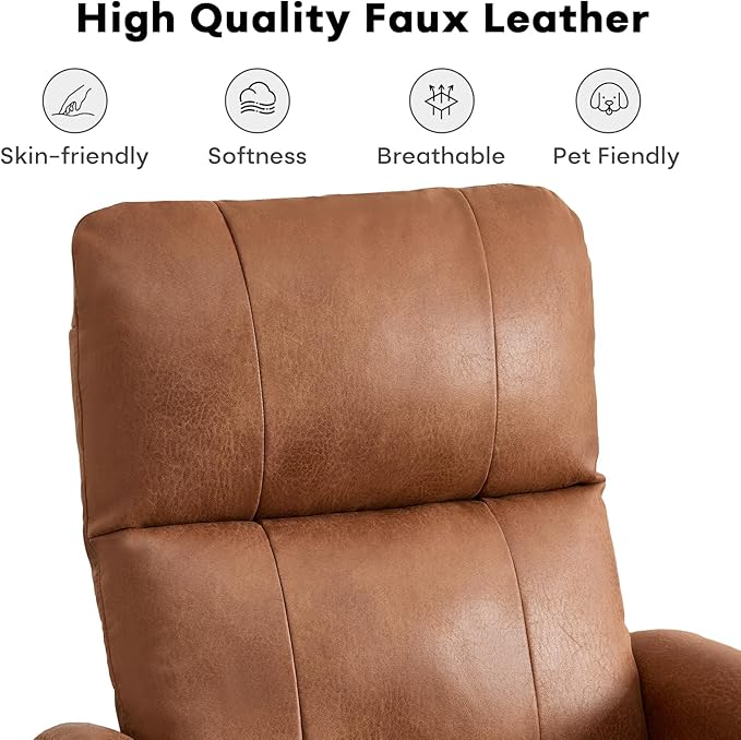 Swivel Rocker Recliner Chair, Manual Faux Leather Glider Rocking Recliners for Adults, 360° Swivel Nursery Reclining Sofa with Padded Backrest for Living Room, Dark Brown