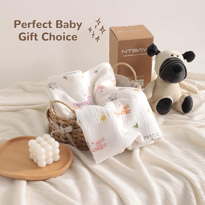 NTBAY 4 Layer Muslin Cotton Toddler Blanket, 30x40 Soft and Breathable Receiving for Newborns and Infants, Perfect for Crib, Stroller, Travel, Lightweight Nursery Blanket, Cartoon Giraffe