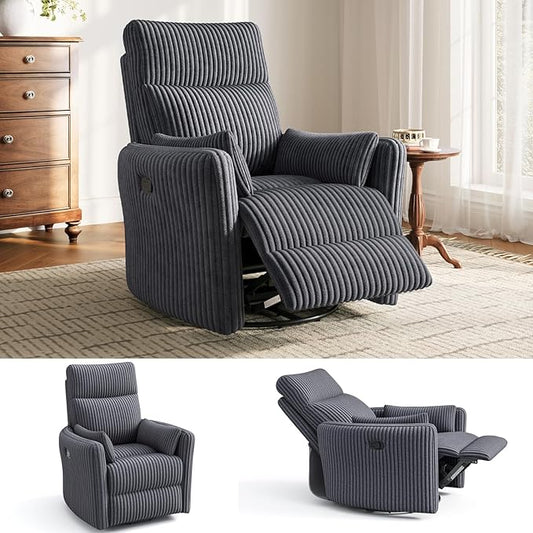 LINSY HOME 360 Swivel Nursery Rocking Chair with 2 Pillows, Corduroy High Back Adult Recliner for Small Spaces, Nursery Glider Rocker Chair, Bedroom Living Room Reclining Chairs (Grey)