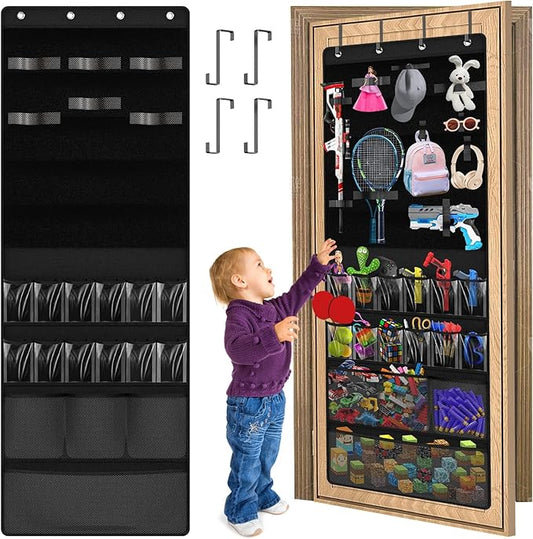 Over the Door Organizer for Building Blocks, Kids Toys Storage with Pockets and Slots for Stuffed Animal, Foam Blasters, Darts, Door Organizer hanging for Toys Storage, Kids Game Rooms