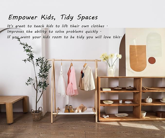 Dress up Rack, Child Garment Rack, Kids Clothing Rack with Storage Shelf (Natural Pine, 38" L x 14.5" W x 43.7" H)