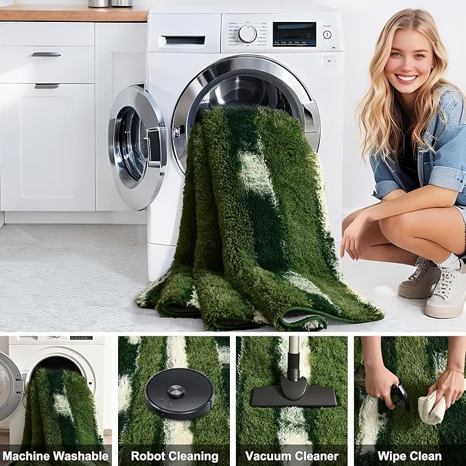 6x9 Feet Area Rugs for Living Room Bedroom,Green and White Machine Washable Soft Fluffy Shaggy Indoor Rug, Floor Carpet for Girls Boys Kids, Dorms, Nursery Rooms, Home Decor Aesthetic