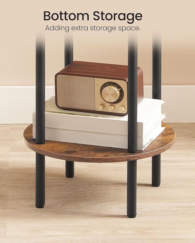 Side Table Set of 2, 2-Tier Round End Table, Small Nightstand with Sturdy Metal Tube, Industrial Coffee Table, for Living Room, Bedroom, Rustic Brown and Black TBZ01P2BF