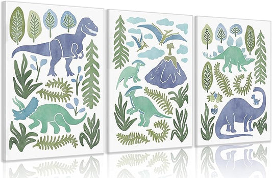 Baby Boys Nursery Wall Art Blue Green Dinosaur Pictures Wall Decor Stegosaurus T-Rex Triceratops Pterodactyl Posters Artwork Watercolor Dino Painting Canvas Prints for Kids Room Toddler Boy Room Decor