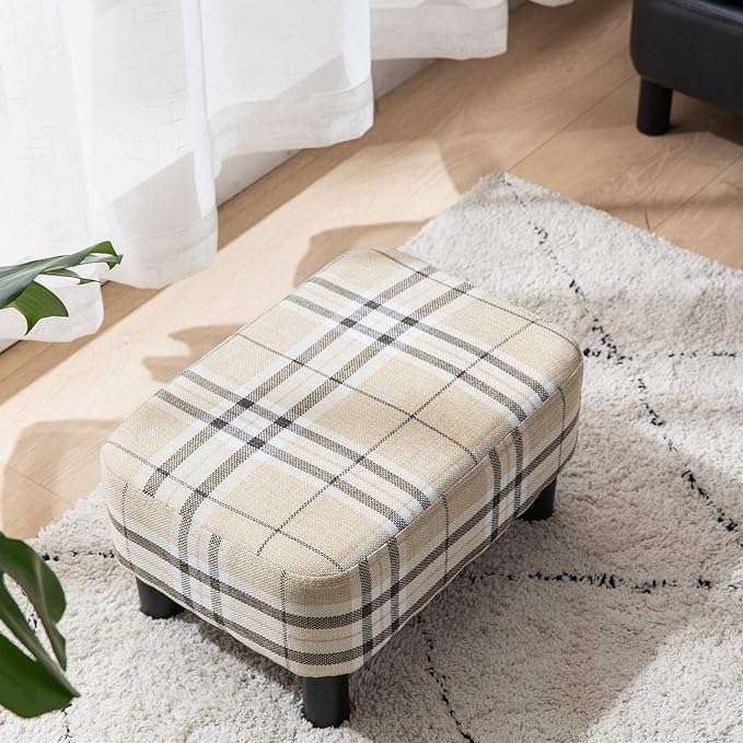 IBUYKE 16.54" Small Footstool, Linen Fabric Pouf, with Padded Seat Pine Wood Legs and Padded Rectangular Stool, for Bedroom, Stripe RF-BD215