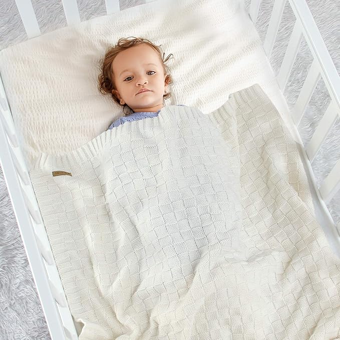 LAWKUL Knit Baby Blankets White Cable Newborn Babies Receiving Blanket Infant Boy Girl Soft Swaddle for Crib Stroller 40"x30"