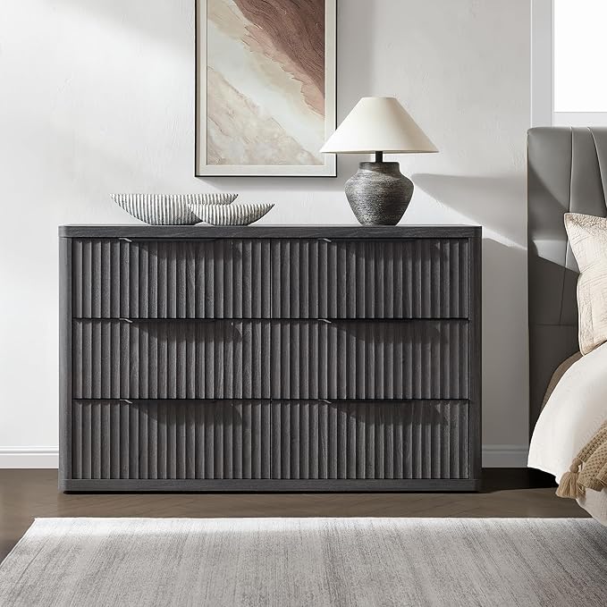 SICOTAS Dresser for Bedroom 107" Wide 6 Drawer Dressers & Chests of Drawers for Closet Long Large Modern TV Stand Set for Clothes Storage Fluted Clothes Closet for Hallway Entryway, Dark Grey Alder