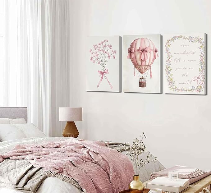 3Pcs Pink Nursery Canvas Wall Art Pictures Cute Baby Girls Room Posters Print Neutral Pink Bow Bouquet Hot Air Balloon Pastel Painting Wall Decor for Kids Room Little Girl Bedroom 12x16in Framed