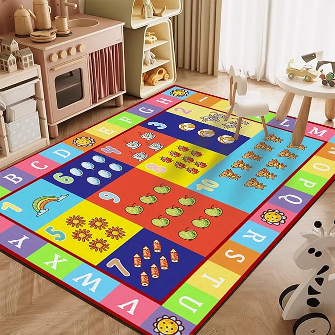 Cartoon Print Rugs for Living Room, 5x6ft, Fun Learning Playing Alphabet Rug, Absorbent Dirty Resistant Rubber Backed Mats, Soft Durable with Non Slip Backing Carpet for Kids Teen