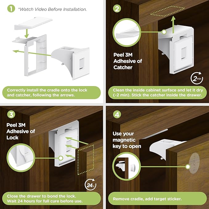SKYLA HOMES Magnetic Cabinet Locks Baby Proofing Child Safety - The Safest Quickest and Easiest Multi-Purpose 3M Adhesive Child Proof Latches, No Screws or Tools Needed (4 Pack)