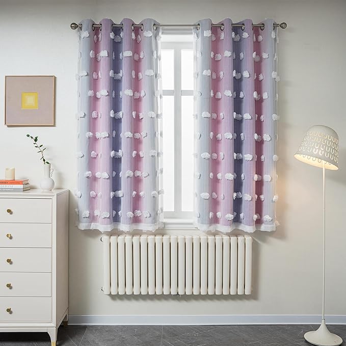MYSKY HOME Pink Purple Curtains for Girls Bedroom - 54 Inch Long White Pom Pom Sheer Small Double Layer Grommet Room Darkening Nursery Curtains, 52 X 54 in