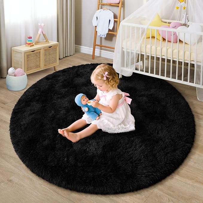 EVOIONOS Black Round Rug for Bedroom, 4x4 Ft Fluffy Soft Circle Area Rugs for Living Room, Plush Shaggy Circular Carpet for Indoor Floor Bedside Kids Nursery, Machine-Washable Home Decor Aesthetic