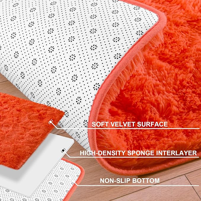 Merelax Soft Modern Indoor Shaggy Area Rug for Bedroom Livingroom Dorm Kids Room Home Decorative, Non-Slip Plush Fluffy Furry Fur Rugs Comfy Nursery Accent Floor Carpet 4x5.9 Feet, Orange Red