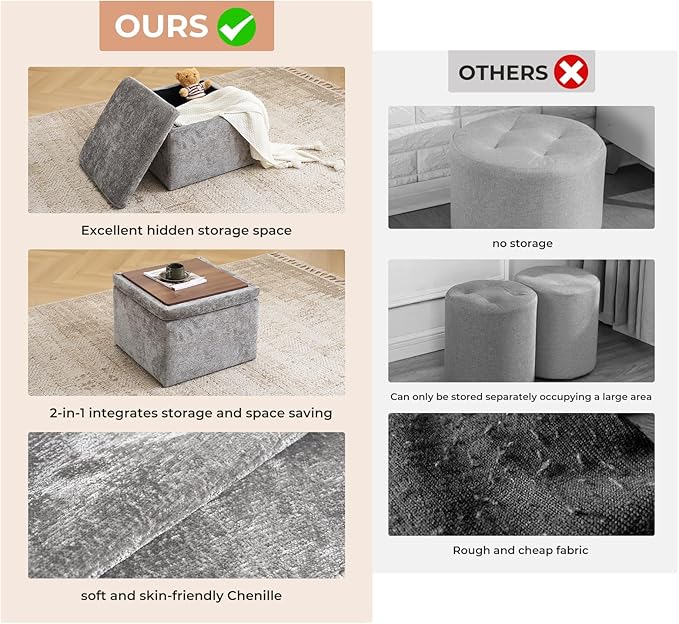 Modern Cube Storage Ottoman, Chenille Ottoman Foot Stools, Ottoman Footstool with Removable Lid, Storage Ottoman for Chair, Multi-Functional Footrest, Dark Grey