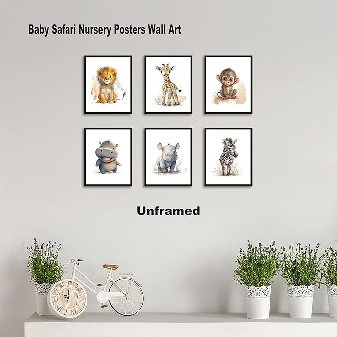 SEHSUVC Safari Nursery Posters Wall Art Set of 9, Cute Animal Canvas Wall Decor Painting, Woodland Jungle Nursery Picture Prints for Baby Boys and Girls Room Nursery Home Decor 8x10In Unframed