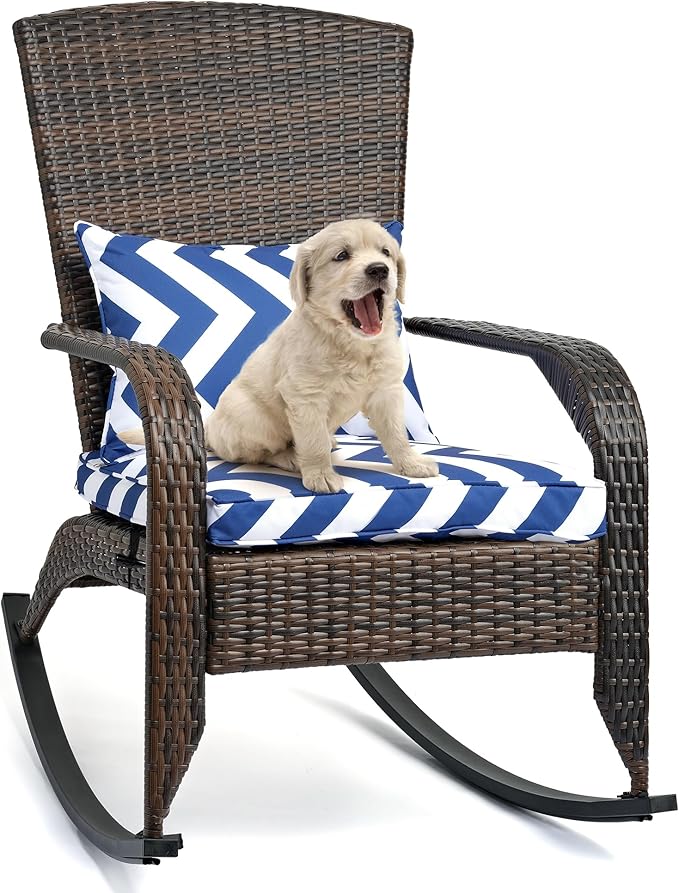 Outdoor Rocking Chair- Outdoor Glider Rattan Rocker Chair with Heavy Duty Steel Frame- All Weather Rocker Chair for Garden, Porch, Backyard, Poolside (Brown Rattan, 320lbs)