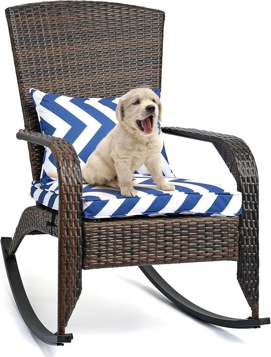 Outdoor Rocking Chair- Outdoor Glider Rattan Rocker Chair with Heavy Duty Steel Frame- All Weather Rocker Chair for Garden, Porch, Backyard, Poolside (Brown Rattan, 320lbs)