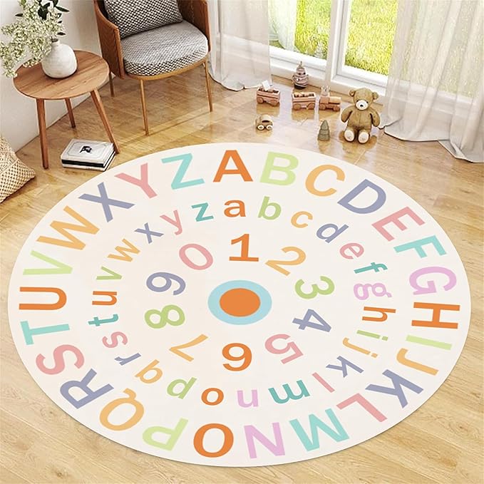 Children's Round Colorful ABC Rug,7ft,Soft Fluffy Alphabet Educational Rug, Non-Slip Washable Children's Crawling Game Rug Carpet for Boys Girls Bedroom Playroom Nursery Decoration