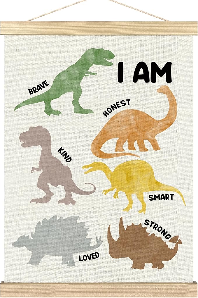 BCUANGD Dinosaurs Dino Wall Decor - Inspirational Boys Room Wall Art Poster Hanger with Wood Frames, Toddler Baby Mental Health Wall Hanging Canvas Decor for Kids Room Nursery Bedroom, 12x16 Inches