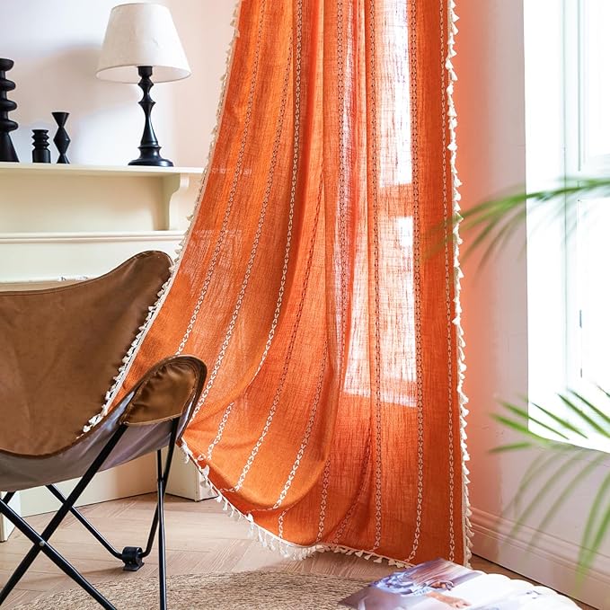 Deeprove Orange Boho Curtains 108 inches Extra Long for Bedroom Living Room, Vintage Chic Bohemian Embroidery Light Filter Privacy Fringe Window Treatments Fall Halloween Decor, W52 x L108, 1 Panel