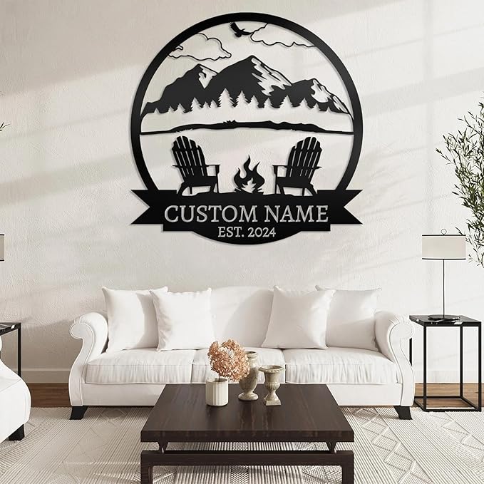 Personalized Camping Signs | Custom Metal Family Name Sign | Mountain Campfire Sign | Metal Mountain Wall Art | Custom Signs Outdoor Metal | Black Metal Wall Art | Cabin Decor